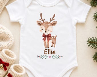 T-shirt de Noël personnalisé avec motif renne pour filles et garçons, T-shirt de Noël personnalisé avec prénom pour enfants, T-shirt de Noël pour tout-petits et jeunes, Body bébé mignon avec motif renne