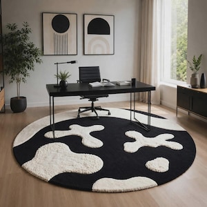 Round Cowhide Inspired Hand Tufted Wool Rug, Black and Ivory Abstract Organic Pattern Carpet, Modern Minimalist Boho Area Rug,