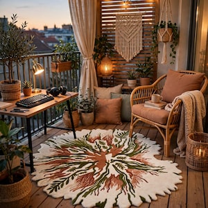May include: A round, textured area rug with an organic, irregular edge featuring a botanical pattern in shades of cream, sage green, and terracotta. The rug is placed on a wooden balcony floor alongside a rattan armchair and a desk setup.
