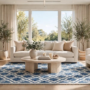 May include: A rectangular area rug featuring a white background with a repeating blue diamond grid pattern, each containing a blue floral motif. The rug is positioned on a light wood floor in front of a cream-colored sofa and a round coffee table.