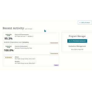 Peut inclure: Un tableau de bord numérique intitulé Recent Activity affichant un score de 95,3 % pour l'évaluation surveillée ATI TEAS Version 7 Retake 2, 100,0 % pour un essai de surveillance à distance et un ebook ATI TEAS Study Guide 2026-2027 en cours.