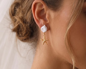 Baroque Pearl Earrings, Star Pearl Earrings, Bridal Earrings, Minimalist Stud Earrings, Beach Earrings, Bridal Earrings, Bridesmaid Gifts