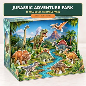 Può includere: Un set Jurassic Adventure Park con 15 pagine stampabili a colori. L'esposizione mostra un paesaggio preistorico con un vulcano, un fiume e varie figure di dinosauri tra cui un T-Rex, un Triceratopo e uno Pterodattilo in un diorama.