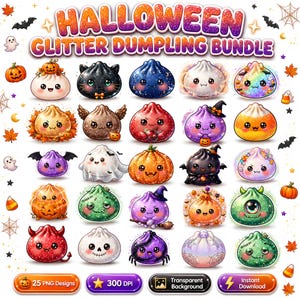Peut inclure: Une collection numérique de 25 illustrations de raviolis sur le thème d'Halloween avec des textures scintillantes et divers personnages comme des citrouilles, des fantômes, des chauves-souris et des monstres. Le texte HALLOWEEN GLITTER DUMPLING BUNDLE est affiché.