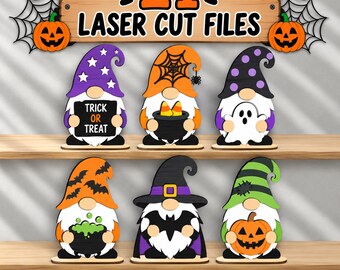 May include: A digital collection of 21 laser cut files featuring six Halloween gnomes. The gnomes wear hats with patterns of stars, spiderwebs, polka dots, bats, and stripes, holding items like a Trick or Treat sign, candy corn, a ghost, and pumpkins.