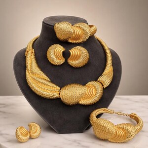 Gold Tone Statement Jewelry Set, Chunky Necklace, Earrings, Bracelet & Ring, Vintage Style Jewelry Gift for Women