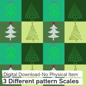 May include: A repeating pattern of stylised Christmas trees in green, light green, and white on a checkered background. The trees feature line-drawn branches, solid shapes with red stars, and purple bows. Text reads: Digital Download No Physical Item 3 Different pattern Scales.