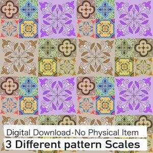 May include: A repeating digital pattern featuring square tiles with floral and quatrefoil motifs in shades of purple, yellow, blue, green, and brown. The image includes the text: Digital Download. No Physical Item. 3 Different pattern Scales.