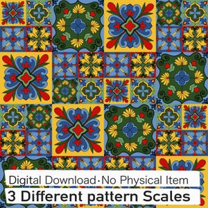 May include: A repeating tile pattern featuring floral and geometric motifs in red, blue, green, and yellow. The image includes white text overlays that read: Digital Download. No Physical Item. 3 Different pattern Scales.