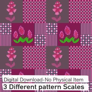 May include: A digital pattern featuring a grid of squares with alternating designs of pink floral illustrations, purple and pink checkerboards, pink polka dots, and vertical pink stripes. Text reads: Digital Download No Physical Item 3 Different pattern Scales.