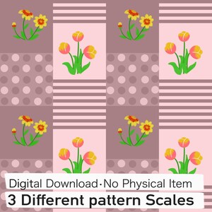 May include: A digital pattern featuring a repeating grid of mauve and light pink squares. The mauve squares contain either white polka dots or horizontal stripes. The light pink squares display illustrations of yellow and pink flowers. Text reads: Digital Download No Physical Item 3 Different pattern Scales.