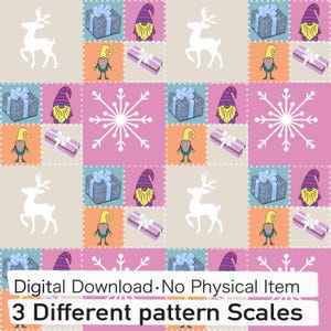 May include: A repeating pattern featuring white reindeer silhouettes, blue gift boxes, purple gift boxes, gnomes with yellow hats, and white snowflakes on a grid of beige, orange, and pink squares. Text reads: Digital Download No Physical Item 3 Different pattern Scales.