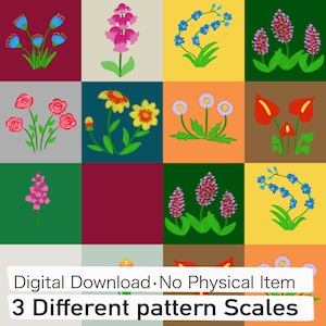 May include: A grid of sixteen squares featuring various colorful floral illustrations on different solid backgrounds. A white banner at the bottom displays the text: Digital Download No Physical Item 3 Different pattern Scales.