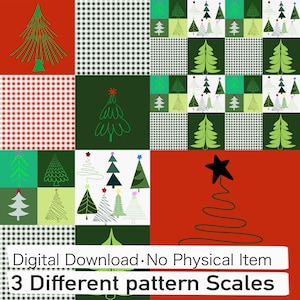 May include: A digital pattern featuring a grid of Christmas trees in various green shades, red and white gingham, and solid red backgrounds. The text reads Digital Download No Physical Item and 3 Different pattern Scales.