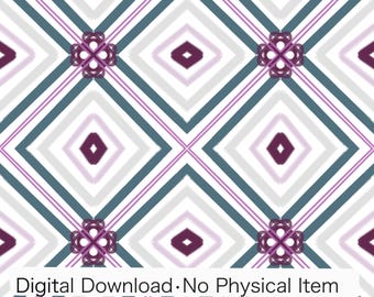 Digitalt papper med geometriska diamanter, blågrönt vinrödgrått mönster (digital nedladdning)