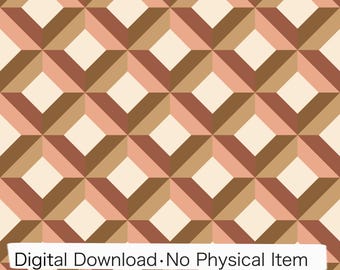 Brunbeige geometriskt 3D-kubmönster, retro optiskt textiltryck (digital nedladdning)