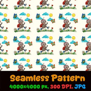 Ladybug, Butterfly, Sun, Cloud, Children's Seamless Pattern, Repeat Tile, Pattern Lunoe (Digital file)