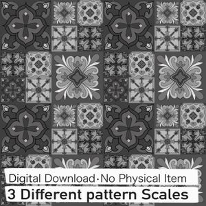 May include: A digital pattern featuring a repeating grid of square tiles in shades of gray, black, and white, displaying intricate floral and geometric motifs. The image includes the text: Digital Download. No Physical Item. 3 Different pattern Scales.