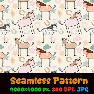 Op de afbeelding: Een naadloos patroon met cartoonpaarden in diverse kleuren zoals roze, bruin en grijs, afgewisseld met pastelkleurige sterren, hoefijzers en cowboyhoeden op een crèmekleurige achtergrond. Tekst: Seamless Pattern 4000x4000 px, 300 DPI, JPG.
