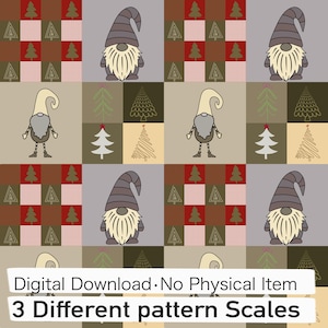 May include: A repeating pattern featuring gnomes with long beards and pointed hats, interspersed with various stylized Christmas tree designs in red, green, brown, and beige. Text reads: Digital Download No Physical Item 3 Different pattern Scales.