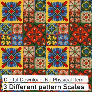 Puede incluir: Un patrón digital que presenta una cuadrícula repetitiva de motivos florales y geométricos coloridos en tonos rojo, azul, verde y amarillo. La imagen incluye el texto: Digital Download. No Physical Item. 3 Different pattern Scales.