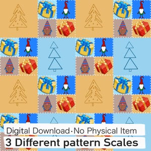 May include: A repeating digital pattern featuring Christmas gnomes, yellow round gift boxes with blue ribbons, red square gift boxes with gold ribbons, and line-art Christmas trees on blue and tan backgrounds. Text reads: Digital Download. No Physical Item. 3 Different pattern Scales.