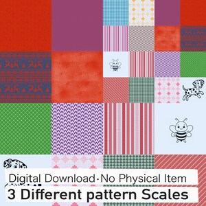 May include: A digital collage of various patterns including solid colors, stripes, knit textures, and illustrations of bees and a dalmatian puppy. The image includes the text Digital Download No Physical Item and 3 Different pattern Scales.
