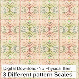May include: A repeating digital pattern featuring symmetrical floral motifs in shades of green, red, and yellow on a light peach background. The text at the bottom reads: Digital Download • No Physical Item, 3 Different pattern Scales.