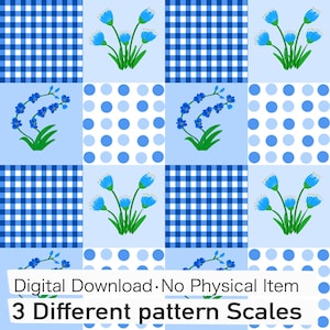 May include: A digital pattern design featuring a grid of alternating squares. Some squares display a blue and white gingham check, while others show blue polka dots on a light blue background. Blue floral illustrations are centered in each square.