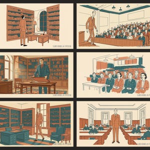 May include: A collection of six illustrated panels depicting professional settings, including libraries with bookshelves and desks, and lecture halls filled with people. Each scene features individuals in suits, with the text LEDGER & WIRE visible.