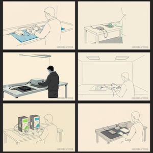 May include: A six-panel illustration showing technical procedures with electronic equipment, including hard drives, cables, and power units on workbenches. Each panel features the text LEDGER & WIRE at the bottom right corner of the frame.