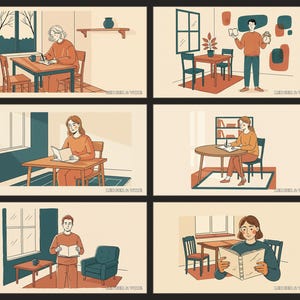 Puede incluir: Una colección de seis paneles ilustrados que muestran a personas en diversos entornos interiores, realizando actividades como leer, escribir y sostener un despertador. Cada escena presenta una paleta de colores suaves y el texto LEDGER & WIRE.