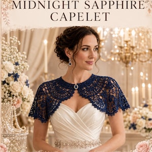 May include: A dark blue crochet capelet featuring an intricate lace pattern and a central oval sapphire-colored clasp. The text MIDNIGHT SAPPHIRE CAPELET and Ballroom Bridal Drama appear at the top and bottom of the image respectively.