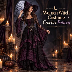 Puede incluir: Un disfraz de bruja de ganchillo que incluye un vestido largo negro y morado oscuro con mangas largas acampanadas, un sombrero puntiagudo a juego y un cinturón con un dije de media luna. El texto Women Witch Costume Crochet Pattern es visible.