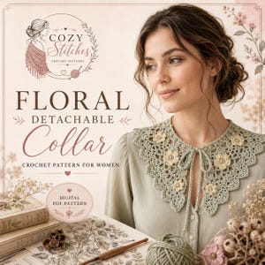 Può includere: Un colletto staccabile all'uncinetto color verde salvia con bordo smerlato e applicazioni floreali color crema con perline centrali. Il colletto è annodato al collo con cordini di filato abbinati. Il testo recita: Cozy Stitches, Floral Detachable Collar.
