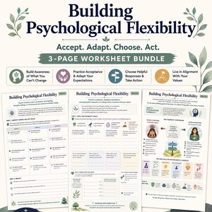 Building Psychological Flexibility Worksheet Bundle | ACT Therapy Worksheets | Acceptance & Values-Based Coping Skills | Mental Health Print