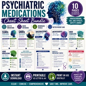 May include: A 10-page psychiatric medications cheat sheet bundle featuring educational infographics on SSRIs, SNRIs, benzodiazepines, antipsychotics, mood stabilizers, and ADHD medications, including side effects, safety notes, and neurotransmitter functions.