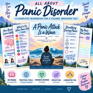 Puede incluir: Un libro de ejercicios digital titulado All About Panic Disorder con una portada central de una persona frente a una gran ola, flanqueada por páginas informativas sobre ataques de pánico, técnicas de respiración y una escala de miedo.