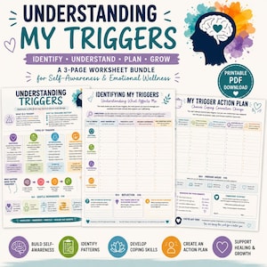 May include: A three-page printable worksheet bundle titled Understanding My Triggers, featuring sections for identifying triggers, understanding emotional responses, and creating an action plan. The pages include colorful icons, charts, and text prompts.