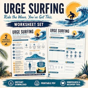 May include: A set of two printable worksheets titled Urge Surfing, Ride the Wave. You've Got This. The documents feature blue and yellow graphics of a surfer on a wave, instructional text, and fillable sections for mindfulness and recovery.