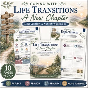 May include: A 10-page reflection and action workbook titled Coping with Life Transitions: A New Chapter. The cover features a landscape illustration of a path leading toward mountains at sunset, with a wooden signpost and text throughout the pages.