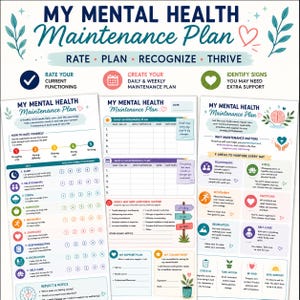 Op de afbeelding: Een driepaginalang document voor een geestelijke gezondheidsplan met de titel MY MENTAL HEALTH Maintenance Plan. De pagina's bevatten secties voor het beoordelen van het huidige functioneren, dagelijkse en wekelijkse plannen en tekenen voor ondersteuning.