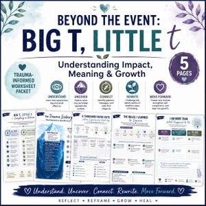 May include: A five-page trauma-informed worksheet packet titled Beyond the Event: Big T, Little t. The pages include sections for understanding, uncovering, connecting, rewriting, and moving forward, featuring an iceberg graphic and reflection prompts.