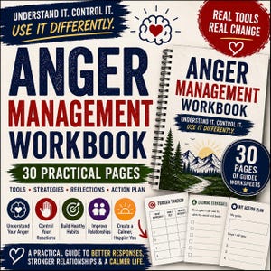 Può includere: Un quaderno di esercizi per la gestione della rabbia con 30 pagine pratiche, rilegato a spirale e illustrato con un paesaggio montano. Il testo recita Understand It. Control It. Use It Differently. Real Tools Real Change. Include schede di lavoro.