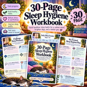 Cahier d'exercices de 30 jours pour une bonne hygiène du sommeil | Suivi du sommeil et planification de la routine du coucher | Fiches d'exercices de thérapie cognitivo-comportementale pour le sommeil | Guide imprimable pour l'insomnie et un meilleur sommeil