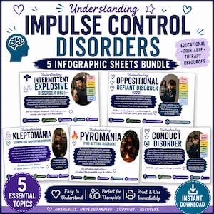 May include: A bundle of five educational infographic sheets titled Understanding Impulse Control Disorders. The sheets feature text and images explaining Intermittent Explosive Disorder, Oppositional Defiant Disorder, Kleptomania, Pyromania, and Conduct Disorder.