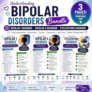 Pode incluir: Um pacote de três páginas em PDF imprimível intitulado Understanding Bipolar Disorders, com conteúdo educativo sobre transtorno bipolar I, II e ciclotímico. Cada página inclui seções sobre sintomas, causas e estratégias de autocuidado.