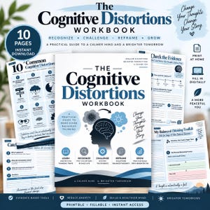 Op de afbeelding: Het Cognitive Distortions Workbook is een document van meerdere pagina's in blauw en wit. Het bevat secties voor het herkennen, uitdagen en herformuleren van gedachten, met invulbare formulieren, checklists en een hersengrafiek.