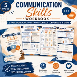 May include: A 5-page communication skills workbook featuring a cover page and four internal pages with text, charts, and icons. The design uses blue and orange accents, with headings like Understanding Healthy Communication and Becoming an Active Listener.
