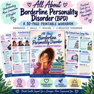 May include: A 30-page printable workbook titled All About Borderline Personality Disorder (BPD) featuring a central cover with an illustration of a person resting their chin on hands, stacked books, and text including Progress Not Perfection.